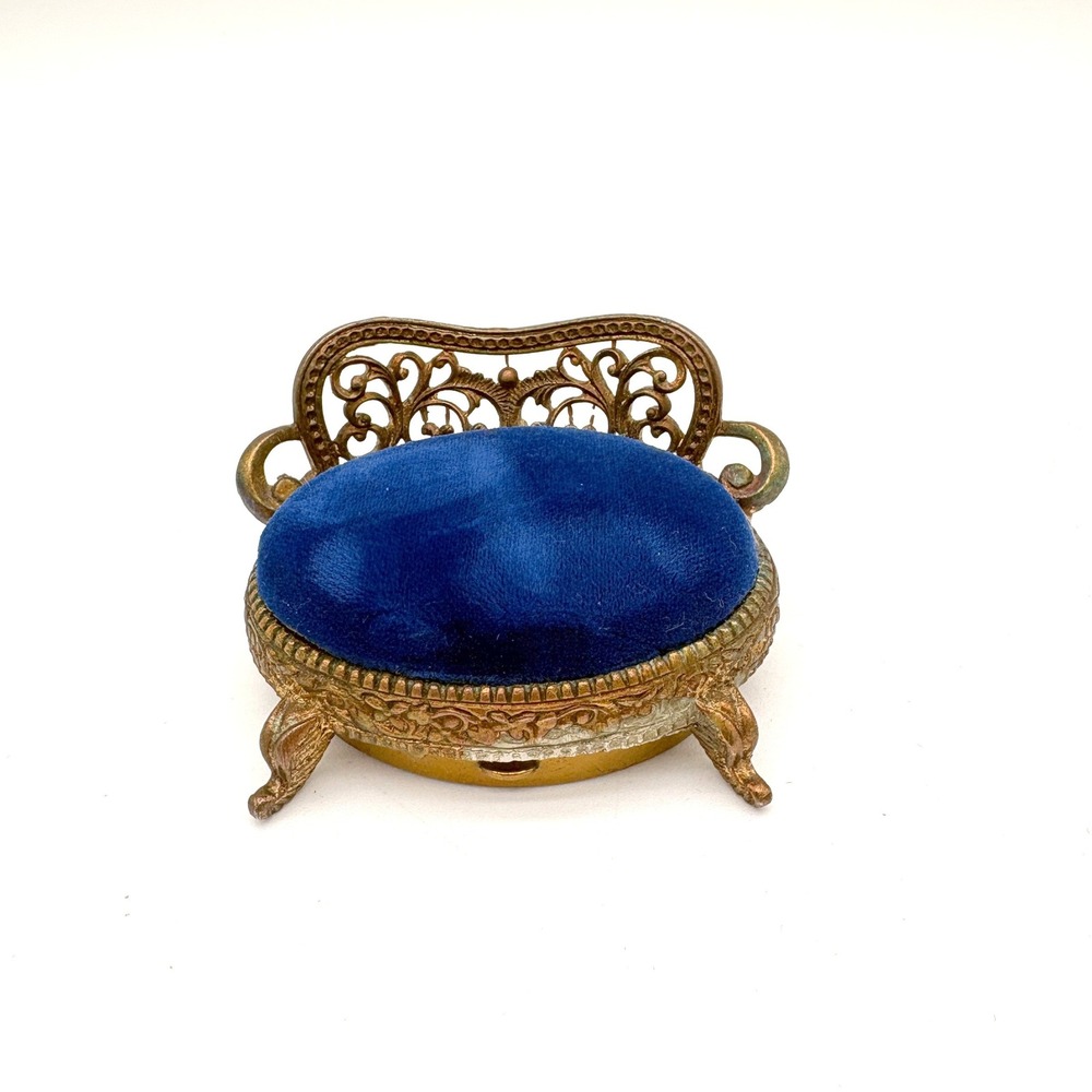 Antique Style Blue Velvet Filigree Settee Trinket Box Miniature Sofa Ring Holder